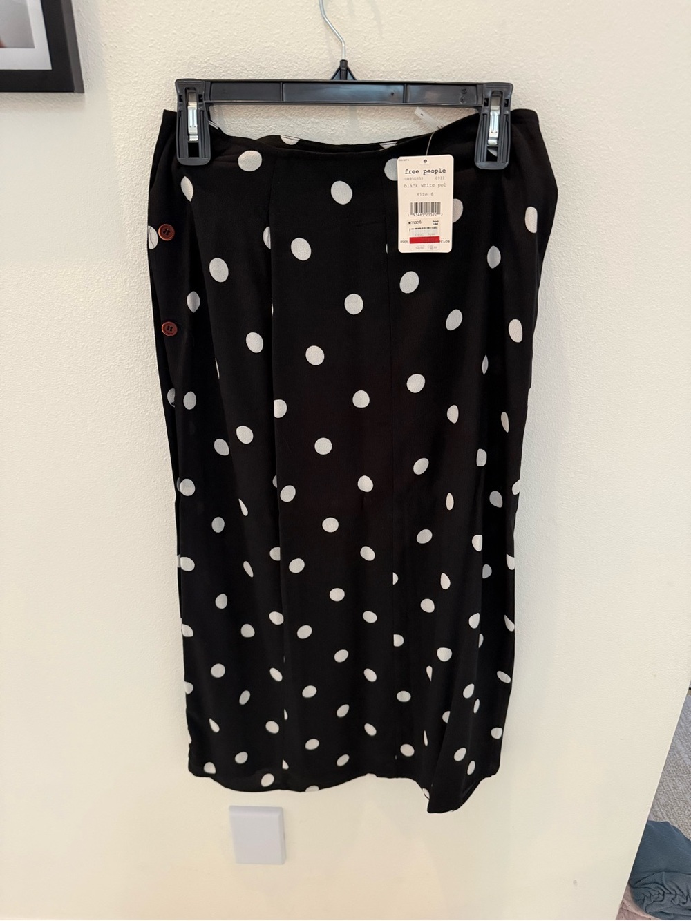 Free People Black with White Polka Dot Midi Skirt